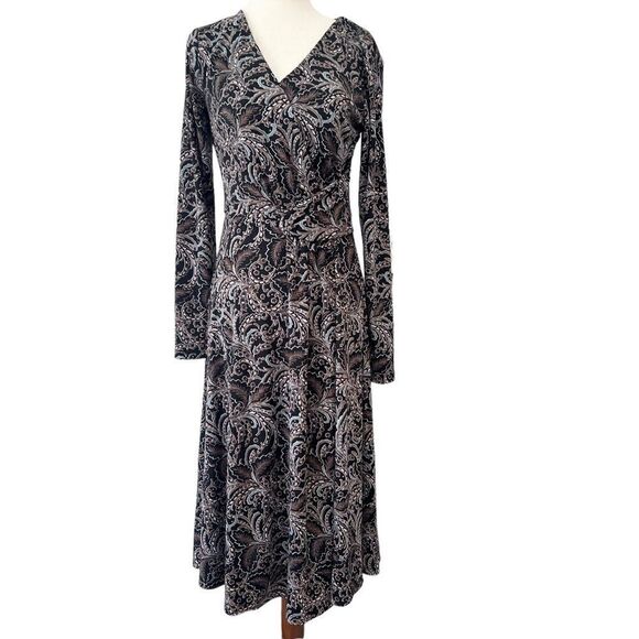 Talbots StretchyV Neck Long Sleeve Midi Dress Black, Brown, Blue Paisley - Picture 1 of 7